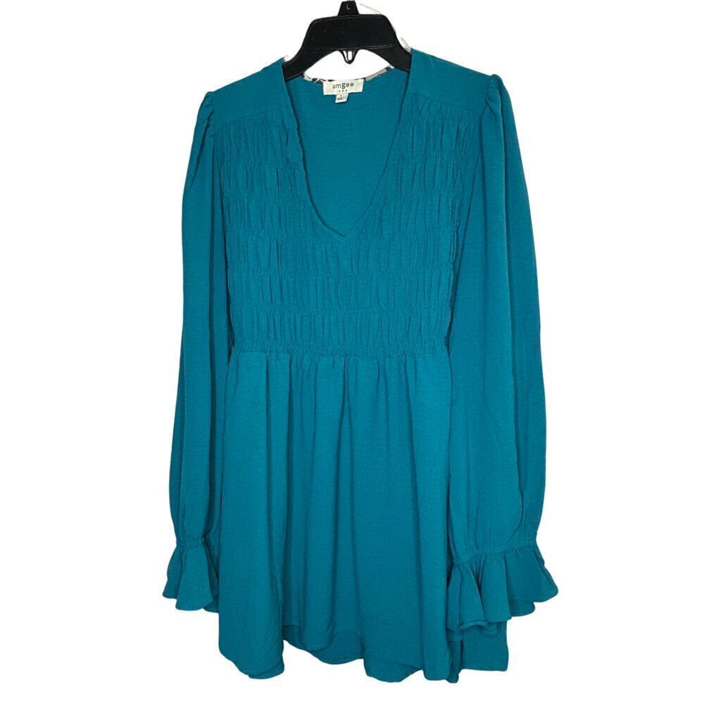Umgee Babydoll V Neck Ruffle Smocked Front Girly Romantic Top Size Large